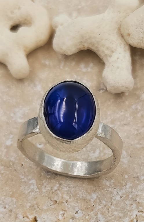 Oval Synthetic Sapphire Ring in Molten Textured Sterling Silver - Size L