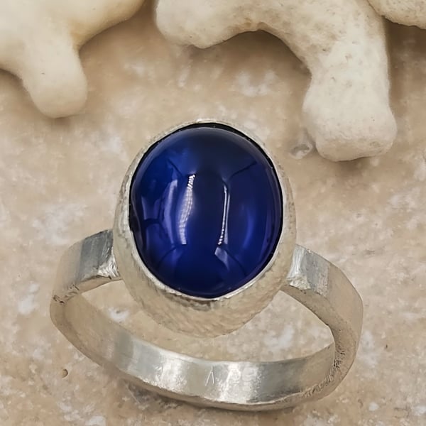 Oval Synthetic Sapphire Ring in Molten Textured Sterling Silver - Size L