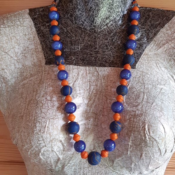 Orange and royal blue polymer clay necklace