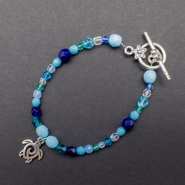 Turtle Charm Blue Mix Czech Glass Bead Bracelet