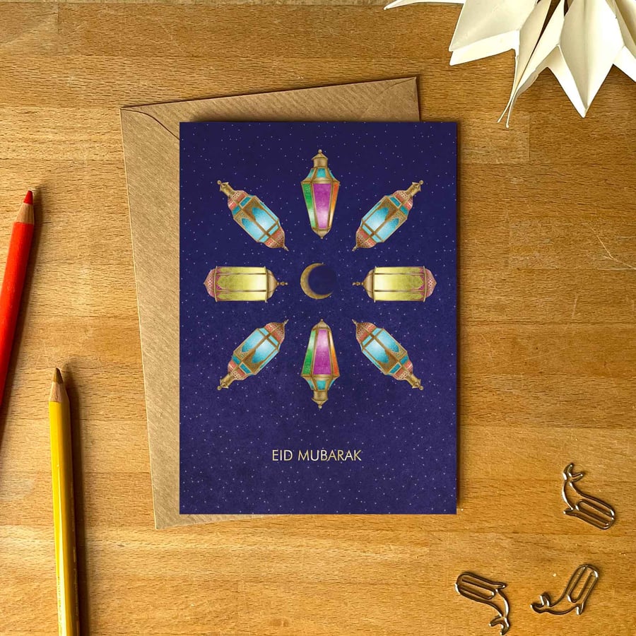 Eid Mubarak Greetings Card – Hand-Drawn Lanterns & Crescent Moon Design