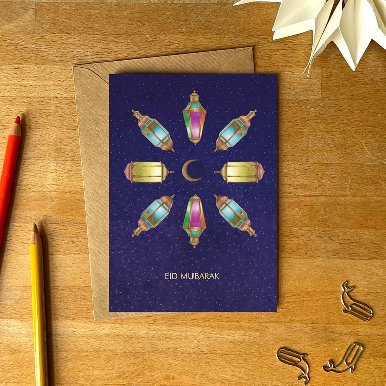 Eid Mubarak Greetings Card – Hand-Drawn Lanterns & Crescent Moon Design