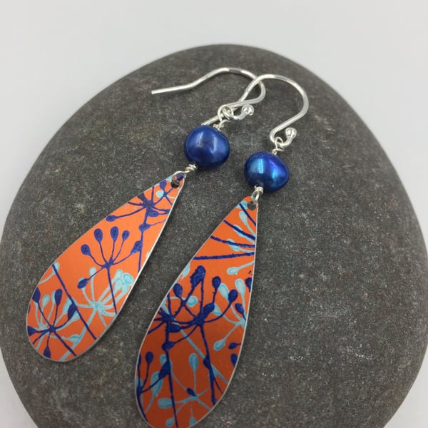 Orange and navy aluminium cow parsley drop earrings with pearl 