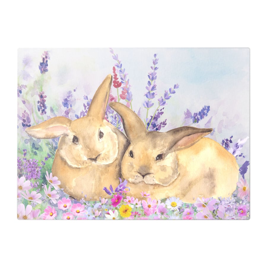 Cute Bunnies Snuggled In A Bed Of Flowers Glass Chopping Board