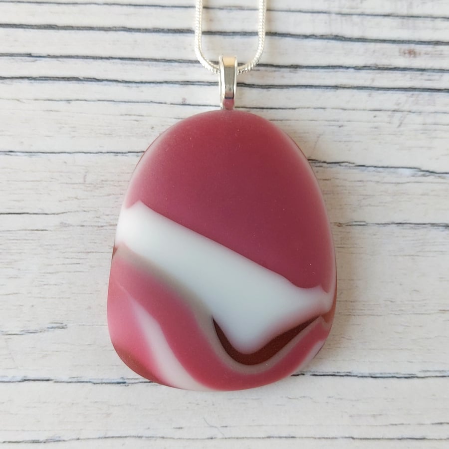 Raspberry Ripple glass pebble pendant with chain