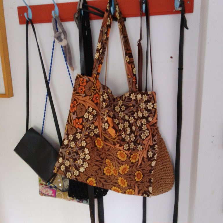 Tote bag handmade using vintage brown floral fabric.