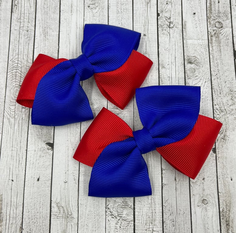 Cobalt Blue and Red Diagonal Double with Bows on Clips (pair)