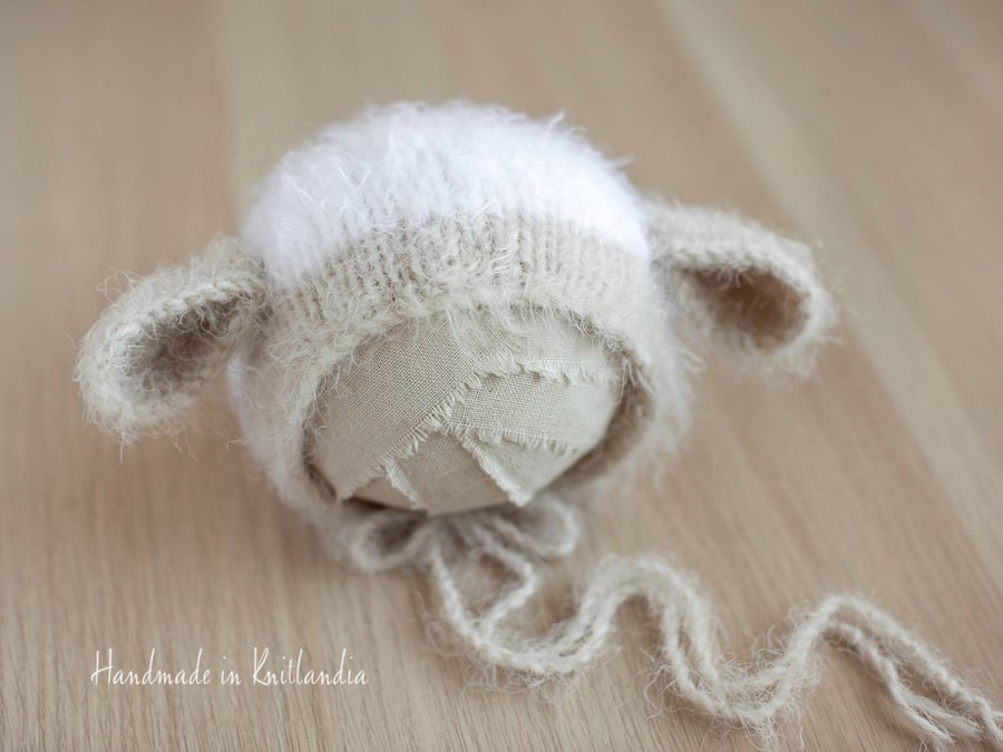 Brushed Lamb or Monkey Bonnet, Newborn Hat with Ears, Newborn Photography Prop