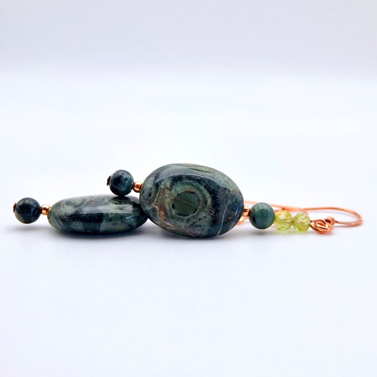 Green Kambaba Jasper Earrings With Peridot, Birthday, Anniversary Gifts For Her