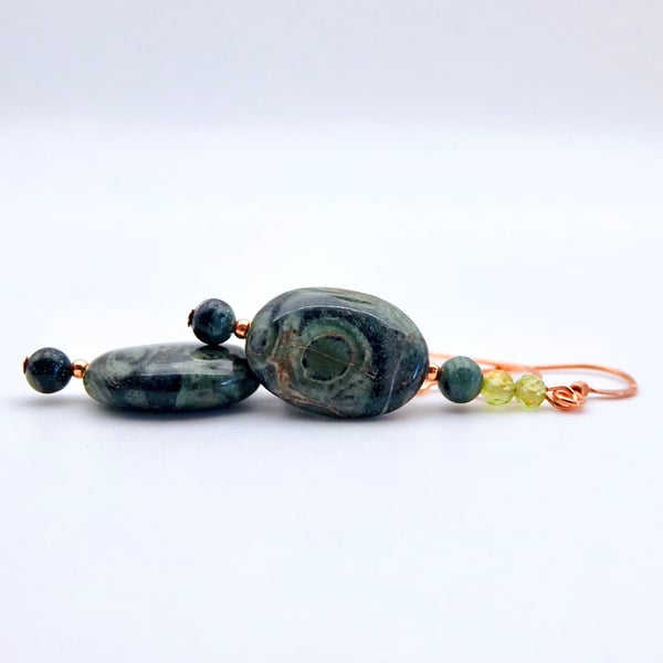 Green Kambaba Jasper Earrings With Peridot, Birthday, Anniversary Gifts For Her