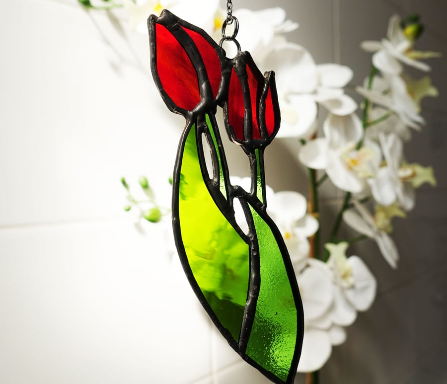 SALE Stained Glass Tulips - Suncatcher Window Ornament Garden Home Decor