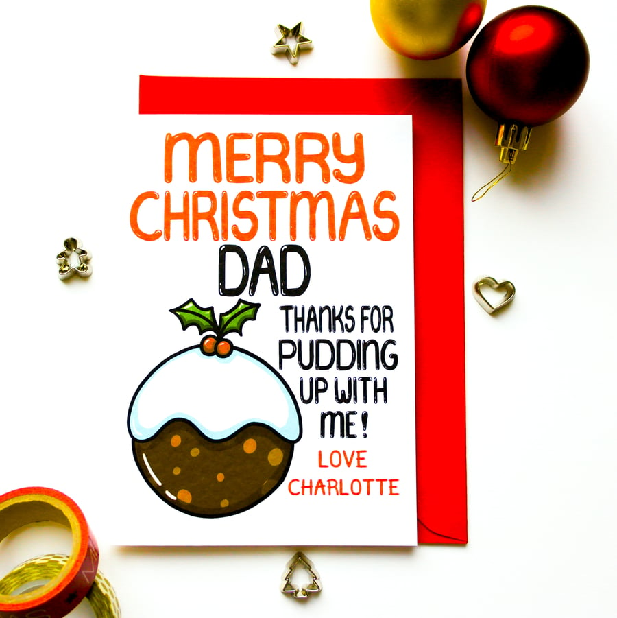 Custom Christmas Pudding Card For Dad, Personalised Funny Dad Christmas Card