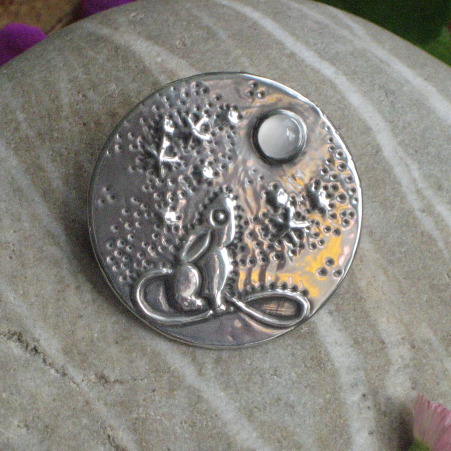  Moongazing Hare Silver Pewter Brooch with Moonstone