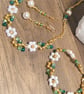 Artisan Pearl Flower Jewelry Set, Gold Green Woven Bracelet, Drop Earrings - Image 5