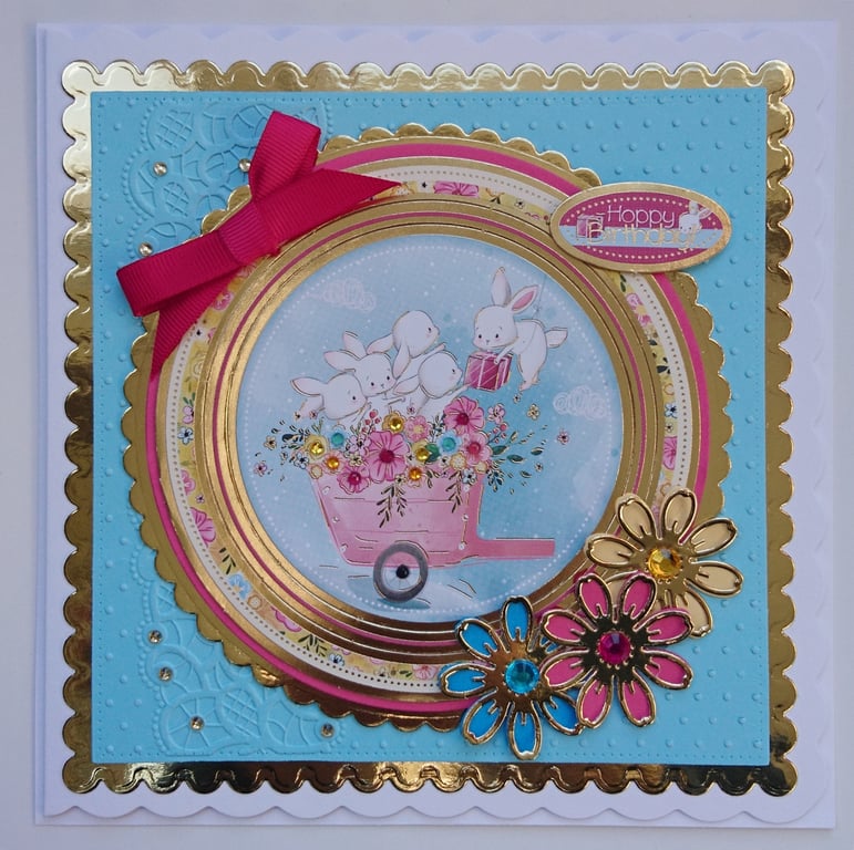 Birthday Card Hoppy Birthday Cute Bunny Rabbits Flower Cart 3D Luxury Handmade