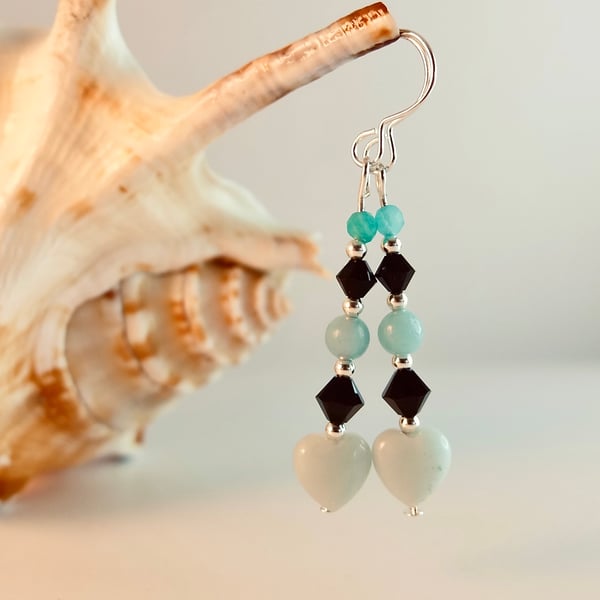 Amazonite Heart Earrings With Jet Swarovski Crystals - Handmade In Devon