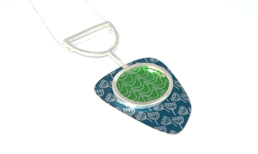 Silver, blue and green abstract pendant - seed head and birds pattern