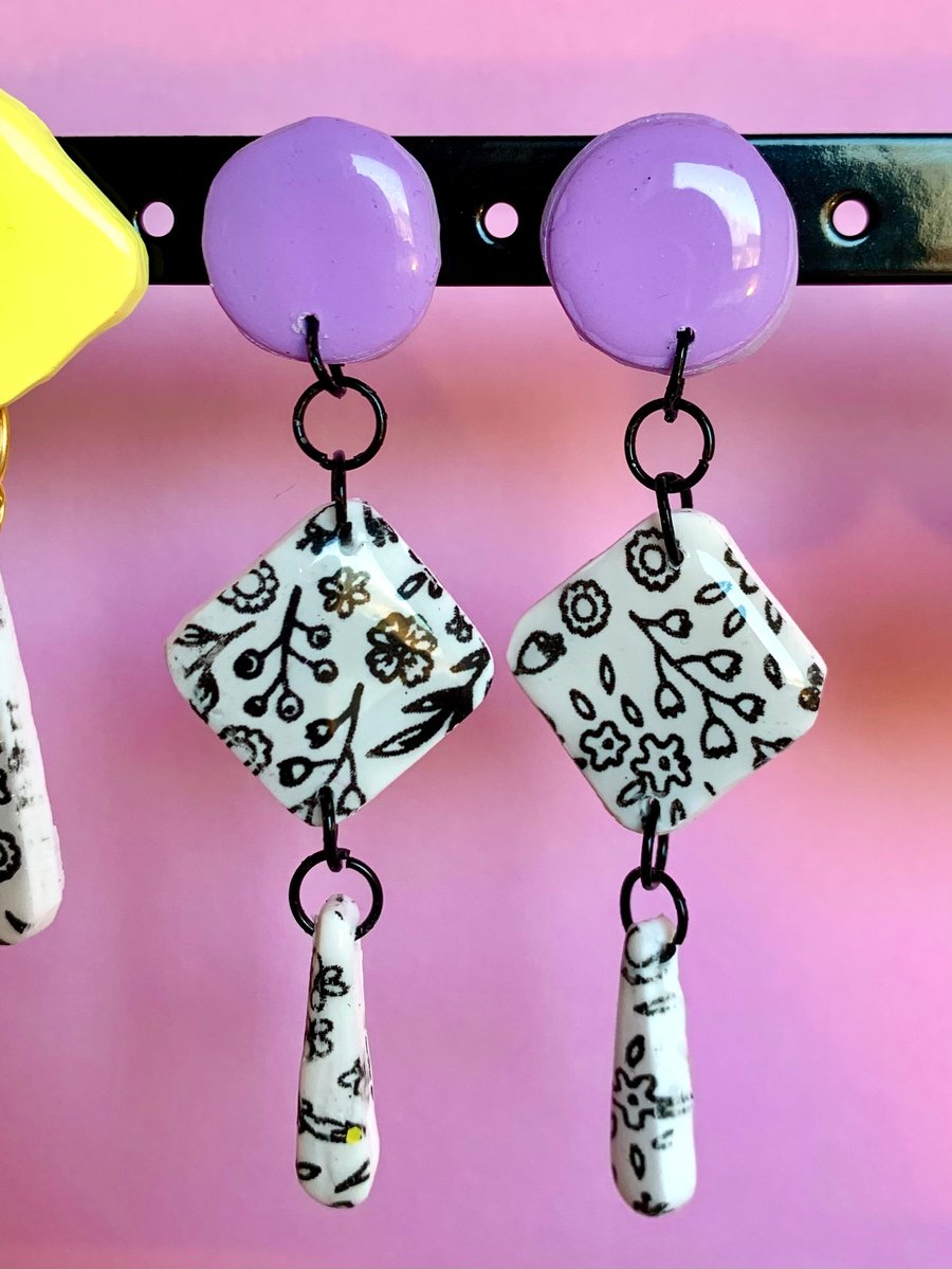 Three Tier Floral Pastel Clay Dangle Drop Earrings - organic shapes