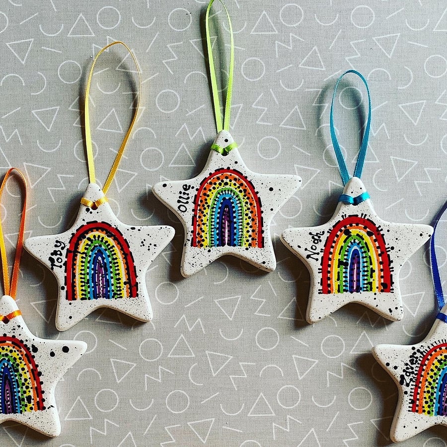 Personalised Ceramic Rainbow Star Hanger, Unique Christmas Hanging Decoration