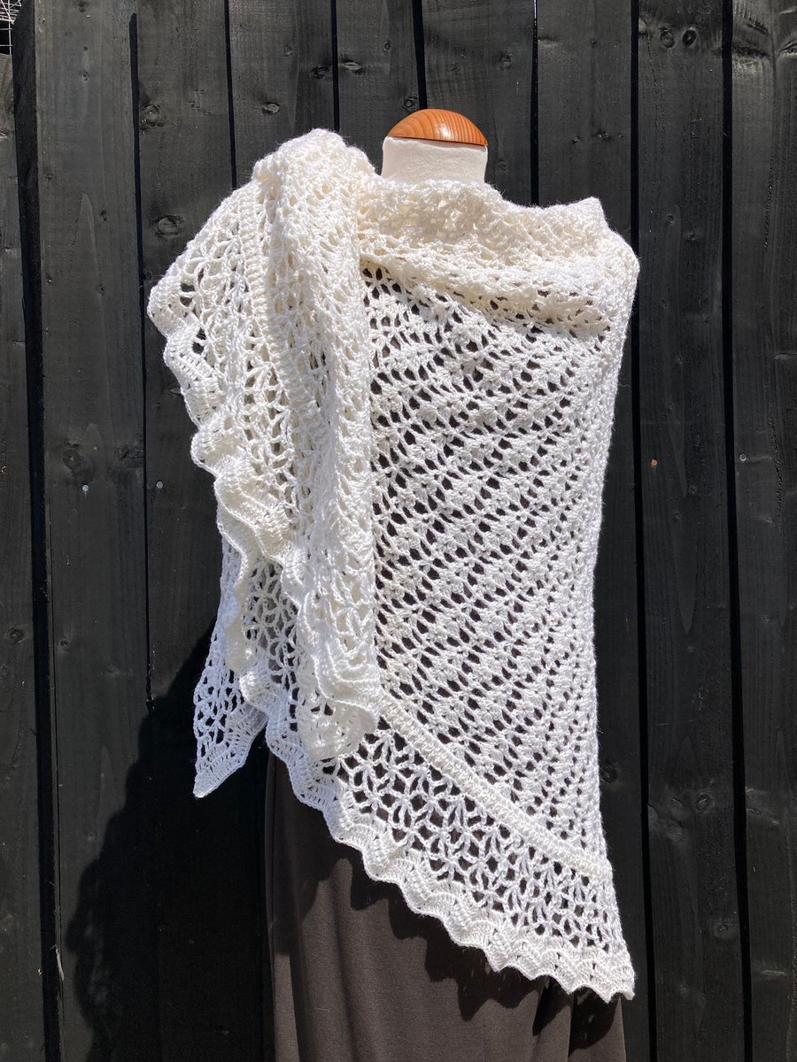 White Merino Wool Lace Triangular Wedding Shawl Wrap Scarf