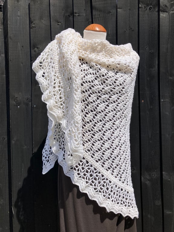 White Merino Wool Lace Triangular Wedding Shawl Wrap Scarf