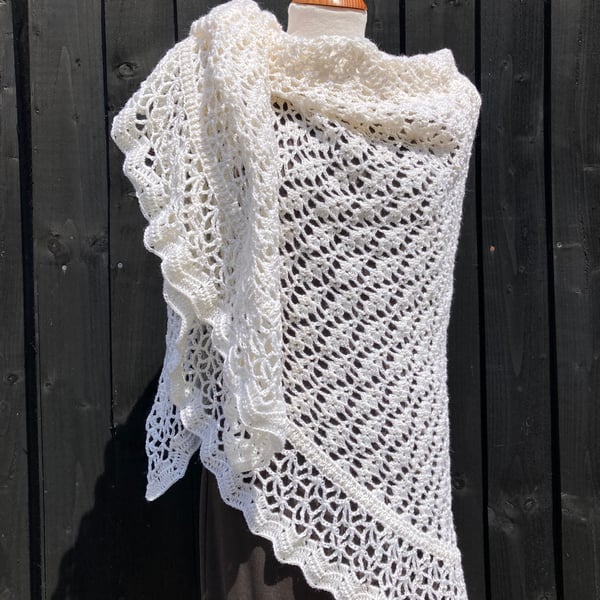 White Merino Wool Lace Triangular Wedding Shawl Wrap Scarf