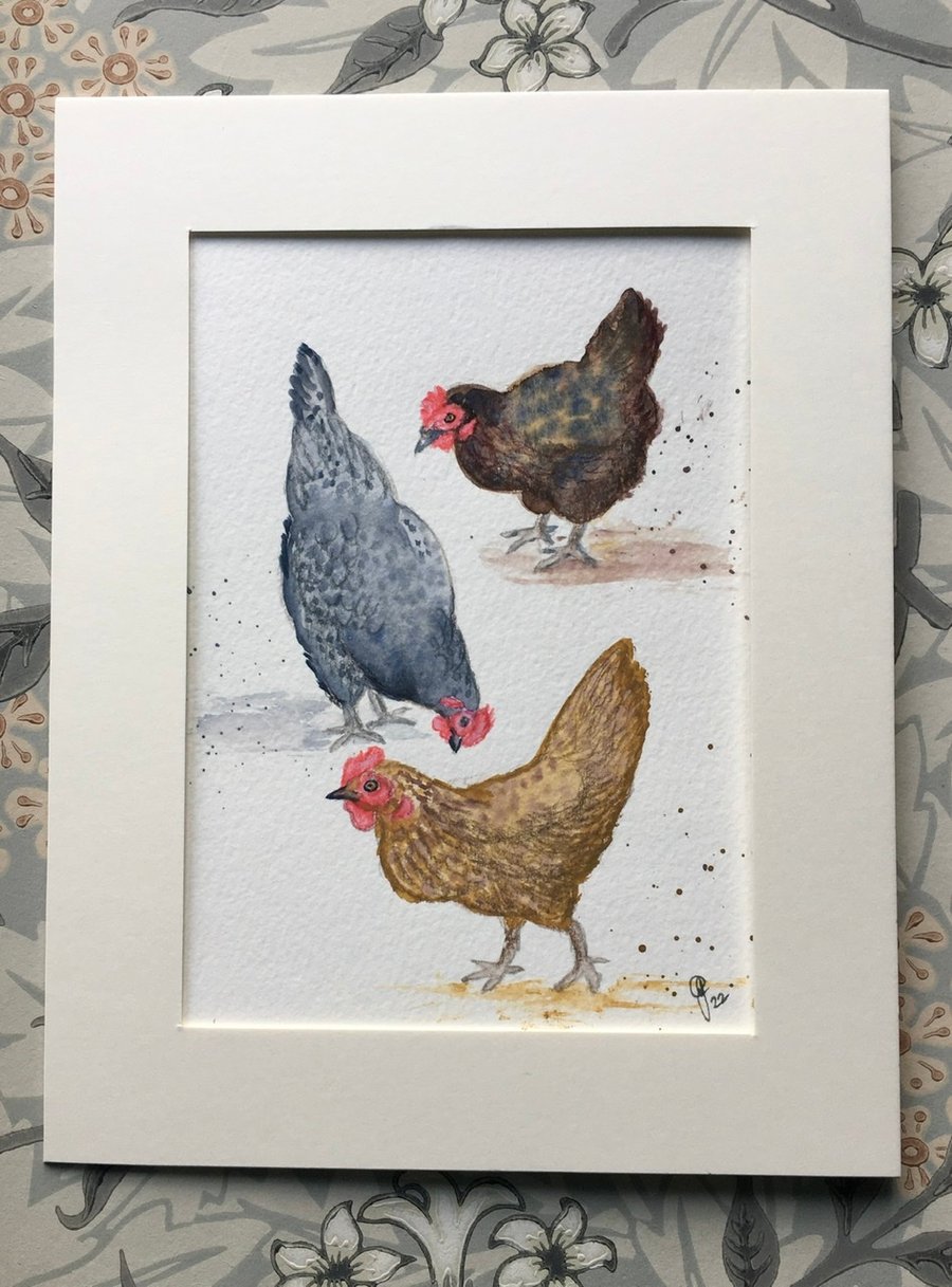3 Hens original watercolour painting