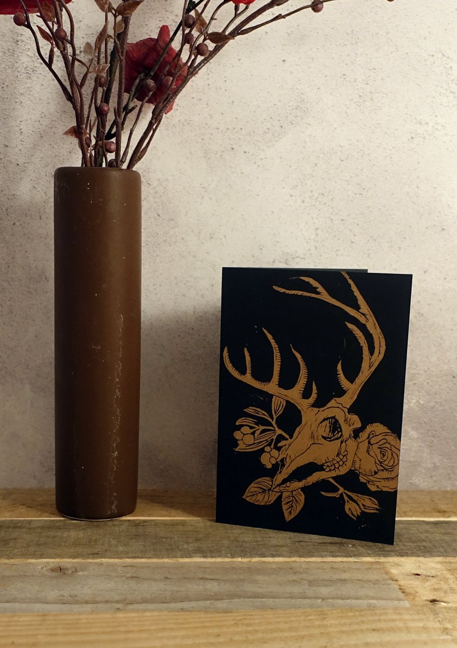 Deer Skull, Boho, Alternative Valentine' Card, Lino Print, Black, Gold, A6 Print