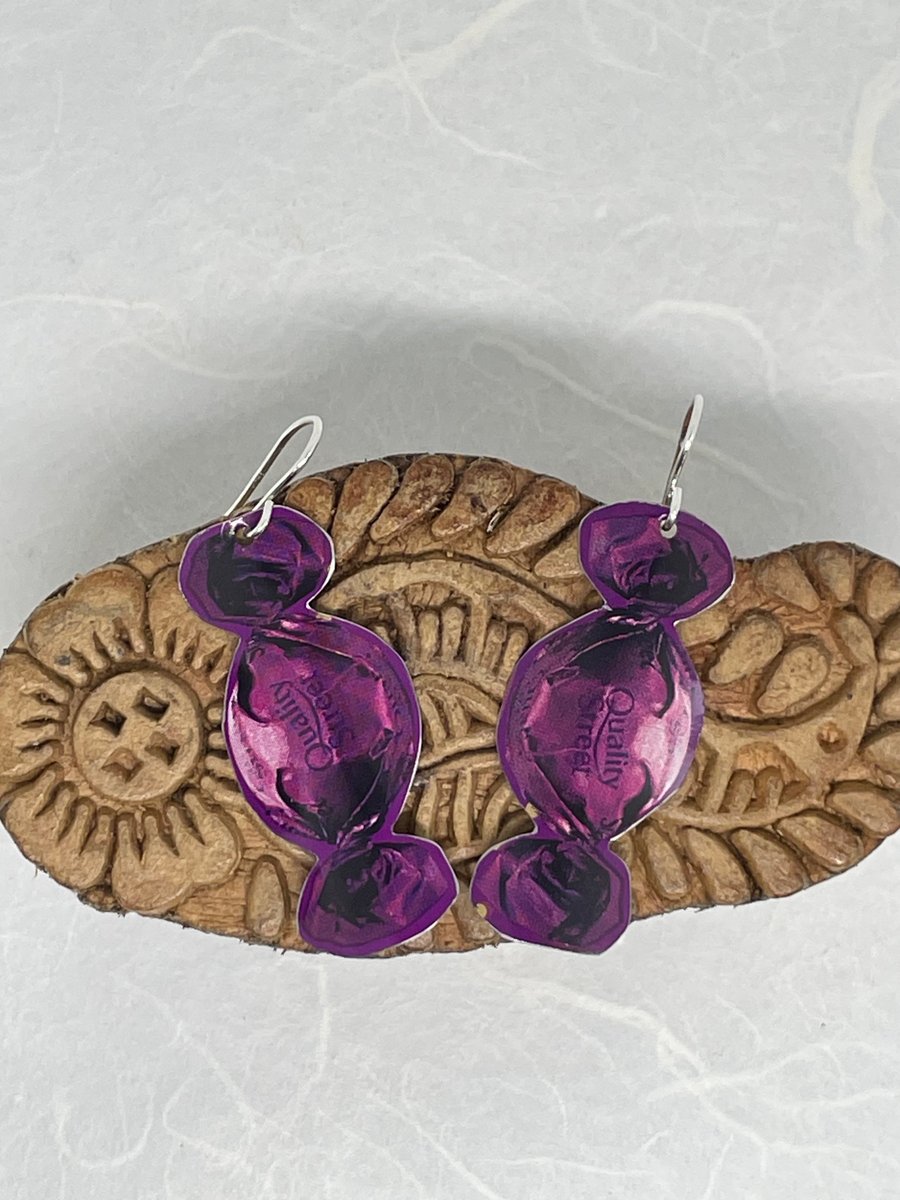 The Purple One, Recycled Quality Street Tin Earrings with Silver