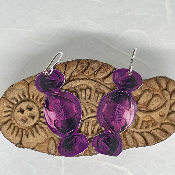 The Purple One, Recycled Quality Street Tin Earrings with Silver