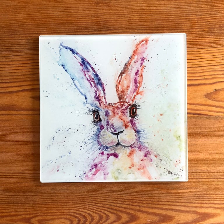 Hare We Go, Hare Watercolour on a 20cm Glass Trivet, Pot Stand.