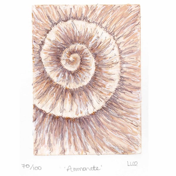 Etching no.70 of an ammonite fossil with mixed media in an edition of 100