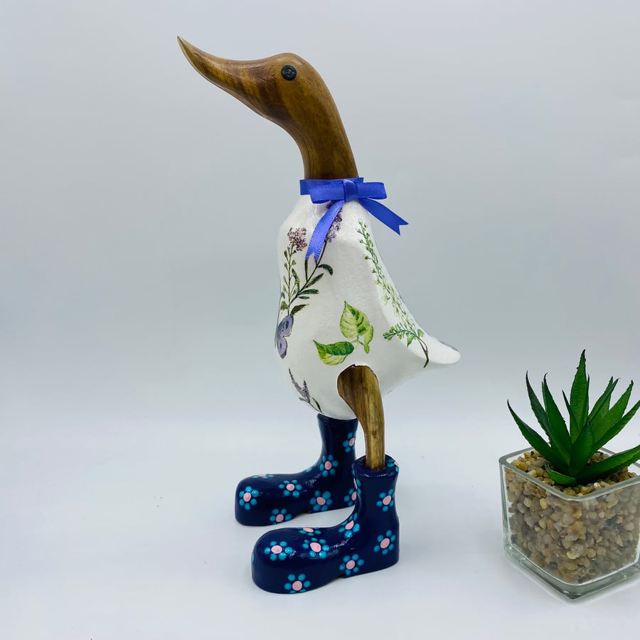 Wooden duck in wellies, bamboo duck, Lilac