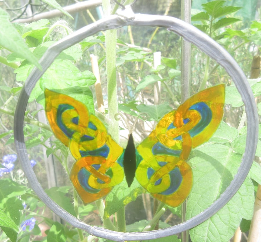 Suncatcher - Celtic Knot Butterfly with aqua, mint and yellow wings - small 