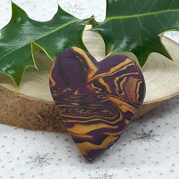 Purple and gold heart shaped polymer clay brooch