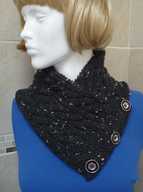 Black With Flecks Of White Neck Wrap Warmer Mock Silver And Black Buttons (A204)