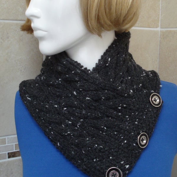 Black With Flecks Of White Neck Wrap Warmer Mock Silver And Black Buttons (A204)