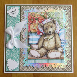 Teddy Bear - Get Well Soon Card - 19x19cm