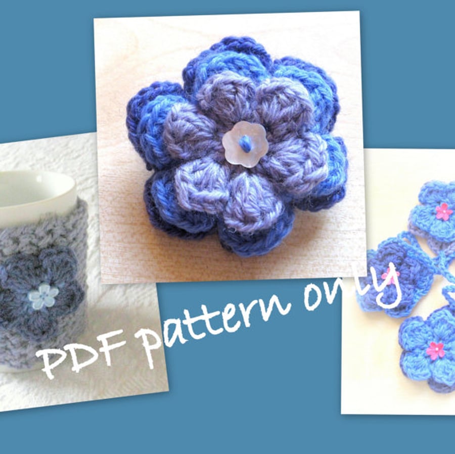 Crochet pattern. 3 simple flowers pattern. Mug cosy. Bunting. Brooch.