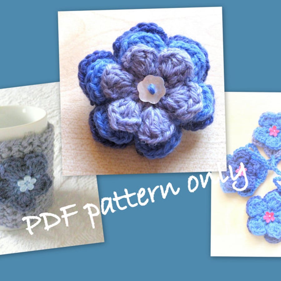 Crochet flower pattern to make mug cosy, bunting or a brooch.