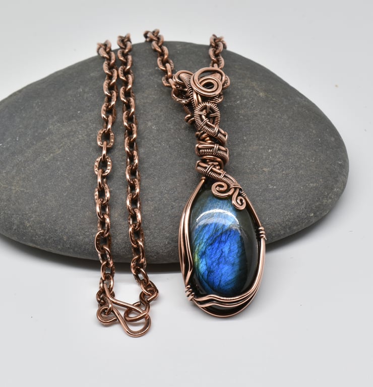 Wire Wrapped Blue Labradorite and Copper One of a Kind Pendant