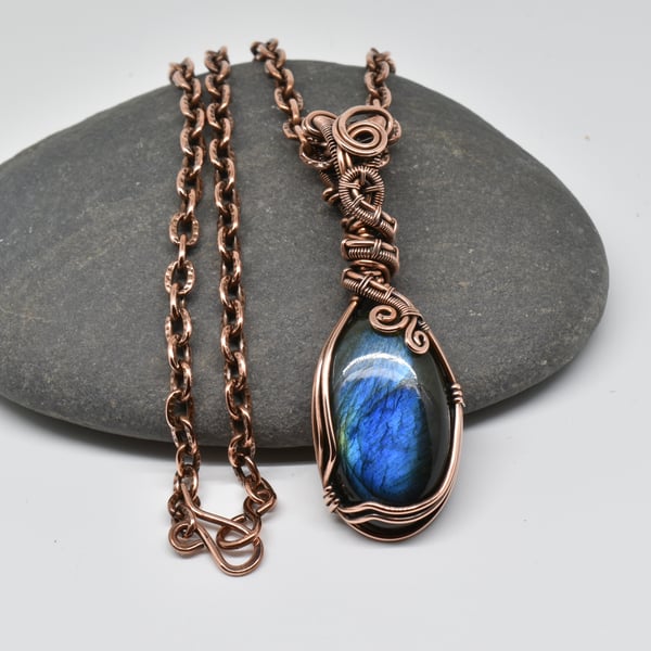 Wire Wrapped Blue Labradorite and Copper One of a Kind Pendant