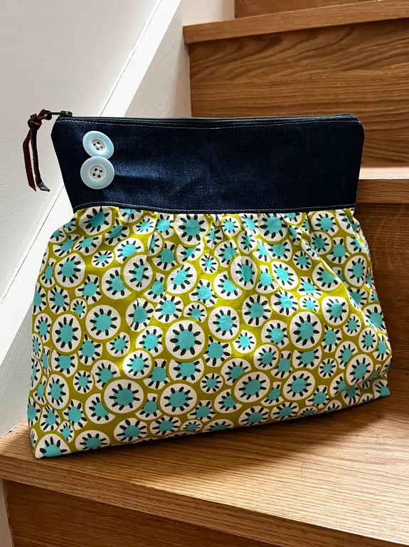 Bright cotton gathered zip bag with denim and Laura Ashley cotton