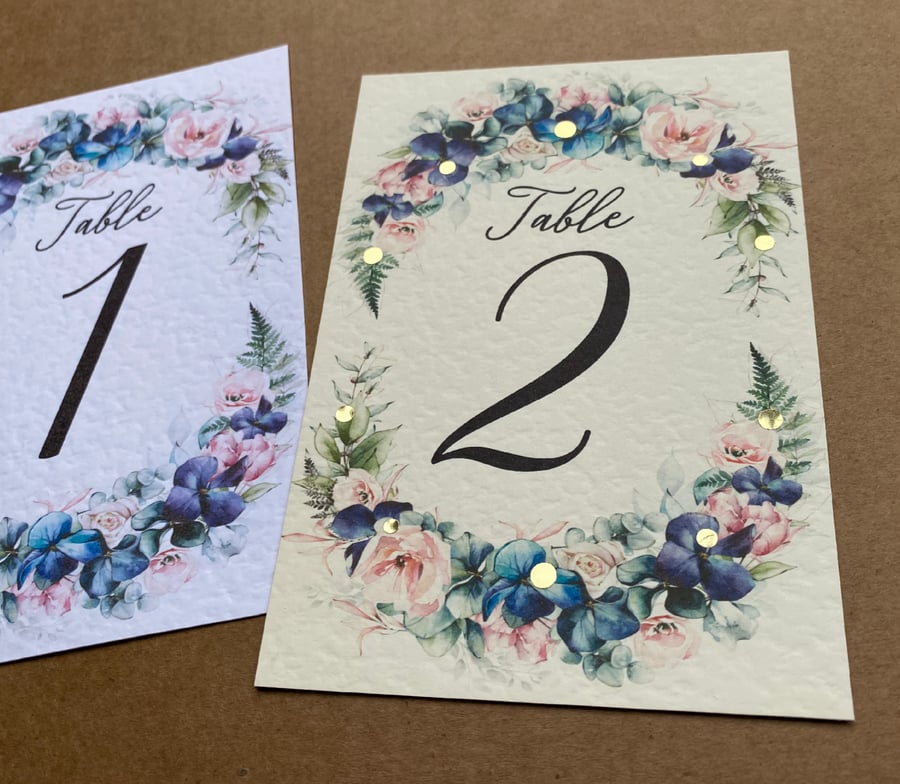 Navy blue flowers wreath TABLE NUMBERS blush pink roses greenery wedding A6 card