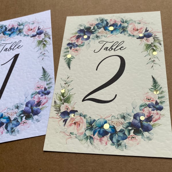 Navy blue flowers wreath TABLE NUMBERS blush pink roses greenery wedding A6 card