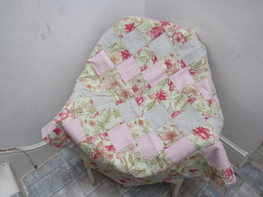 Light Floral Pink Linen Patchwork Lap Quilt