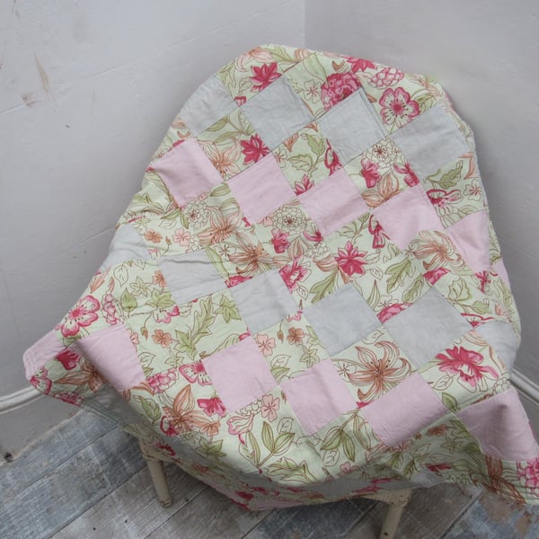 Light Floral Pink Linen Patchwork Lap Quilt
