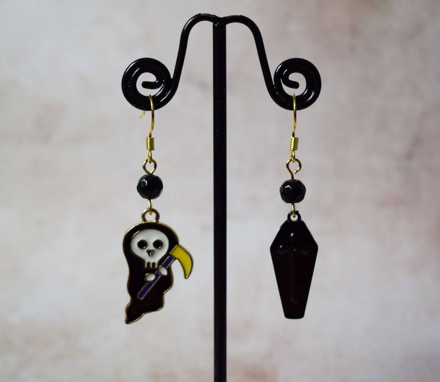 Grim Reaper and Coffin Mismatched Creepy Cute Earrings