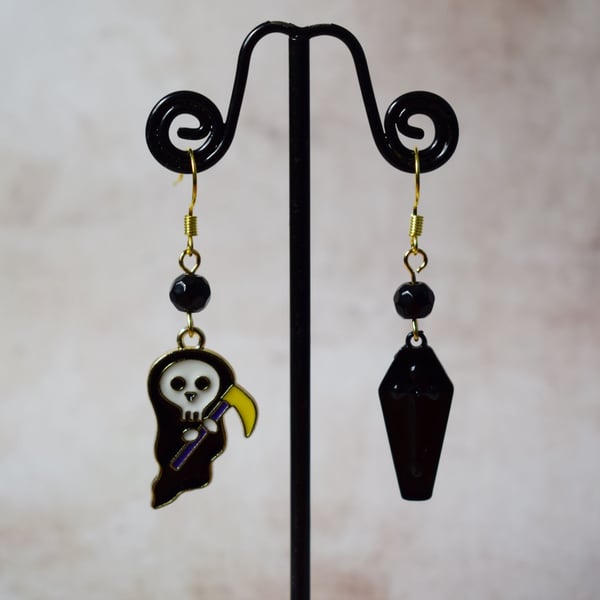 Grim Reaper and Coffin Mismatched Creepy Cute Earrings