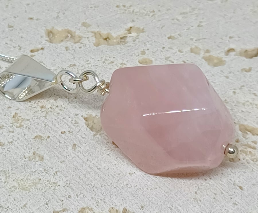Rose Quartz Sterling Silver Pendant, Rose Quartz Necklace, Fiddle Jewellery, Ros